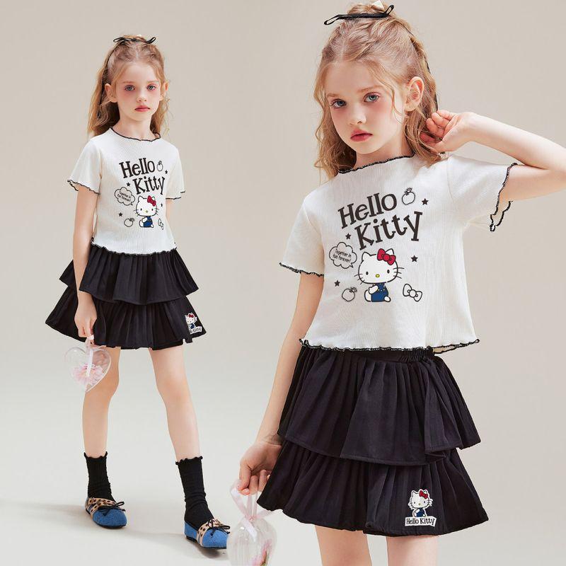 Летний костюм Hello Kitty для девочек 2025 Новый Милый и Прохладный Корейский Стиль Мультяшный Детский Короткий Рукав Юбка Двухсекционный Комплект Apricot color 140 white TAOMall