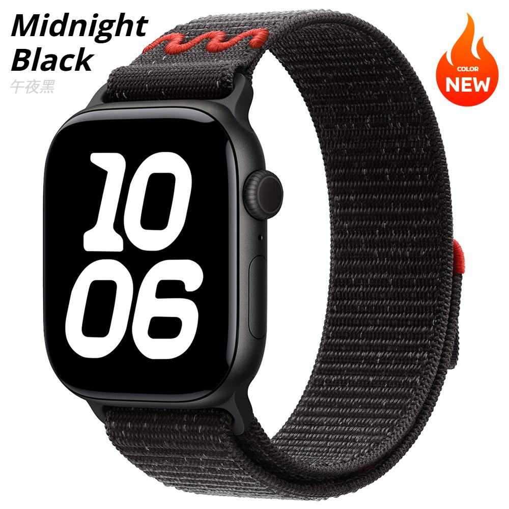 Ремешок Sport Loop для Apple Watch 46 мм 44 мм 40 мм 42 мм 45 мм 41 мм Ultra 3 49 мм 44 мм нейлоновый браслет iWatch Series 11 10 9 SE 7 6 5 4 38 40 41(S10-11)42mm чёрный XIAOLU Watch Accessories