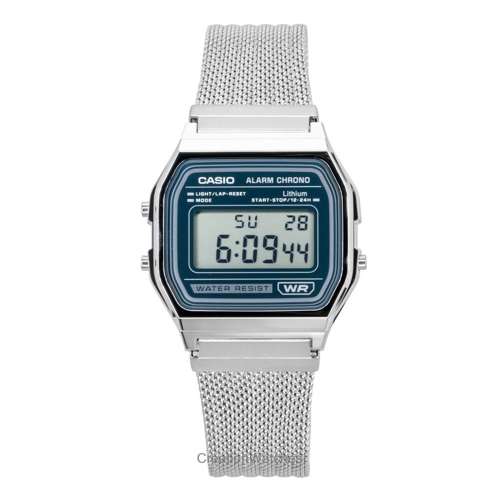 Casio Vintage Цифровые Часы из Нержавеющей Стали с Сетчатым Браслетом Кварцевые A158WEM-3 Унисекс зелёный