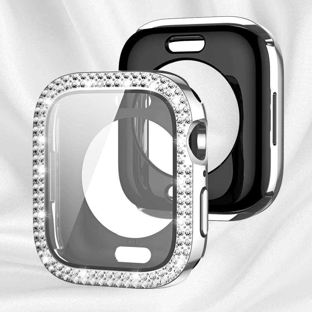 Алмазный бампер + Защитное стекло для корпуса Apple Watch 44 45 41 40 42 46 Блестящее стекло + Чехол для Iwatch S11 10 9 8 7 6 5 SE 40mm series 654 серебряный Just Texture