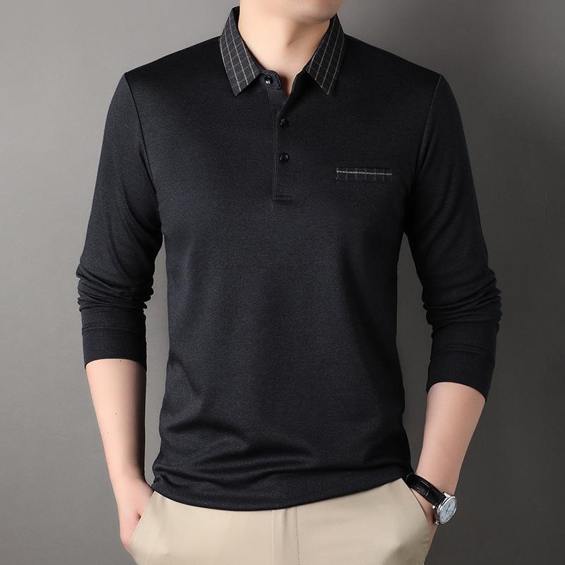 Men s Casual Long Sleeve Plaid Polo Shirt Lapel Collar, Button Detail, Polyester Blend Fabric, Slight Stretch, Spring/Fall Collection M серый WTEMPO