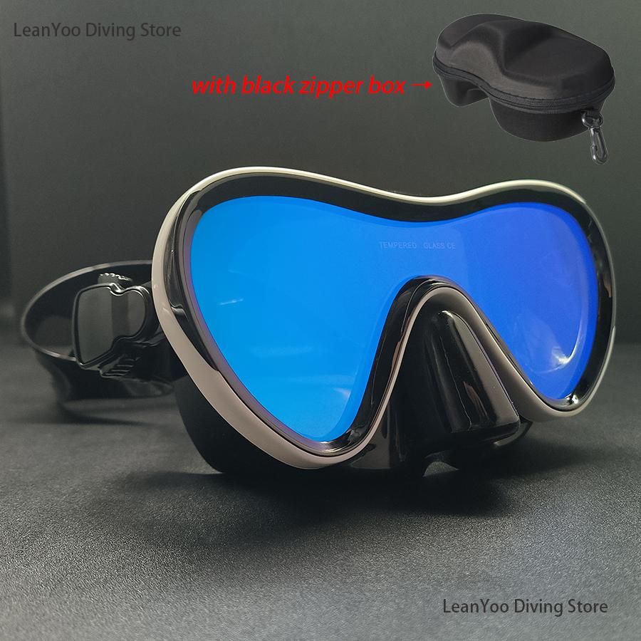 Outdoor Use Mirror Tempered Glass Snorkelling Mask UV Protection Diving Goggles for Swimming Pack In Black Zipper Box blue ddffd1