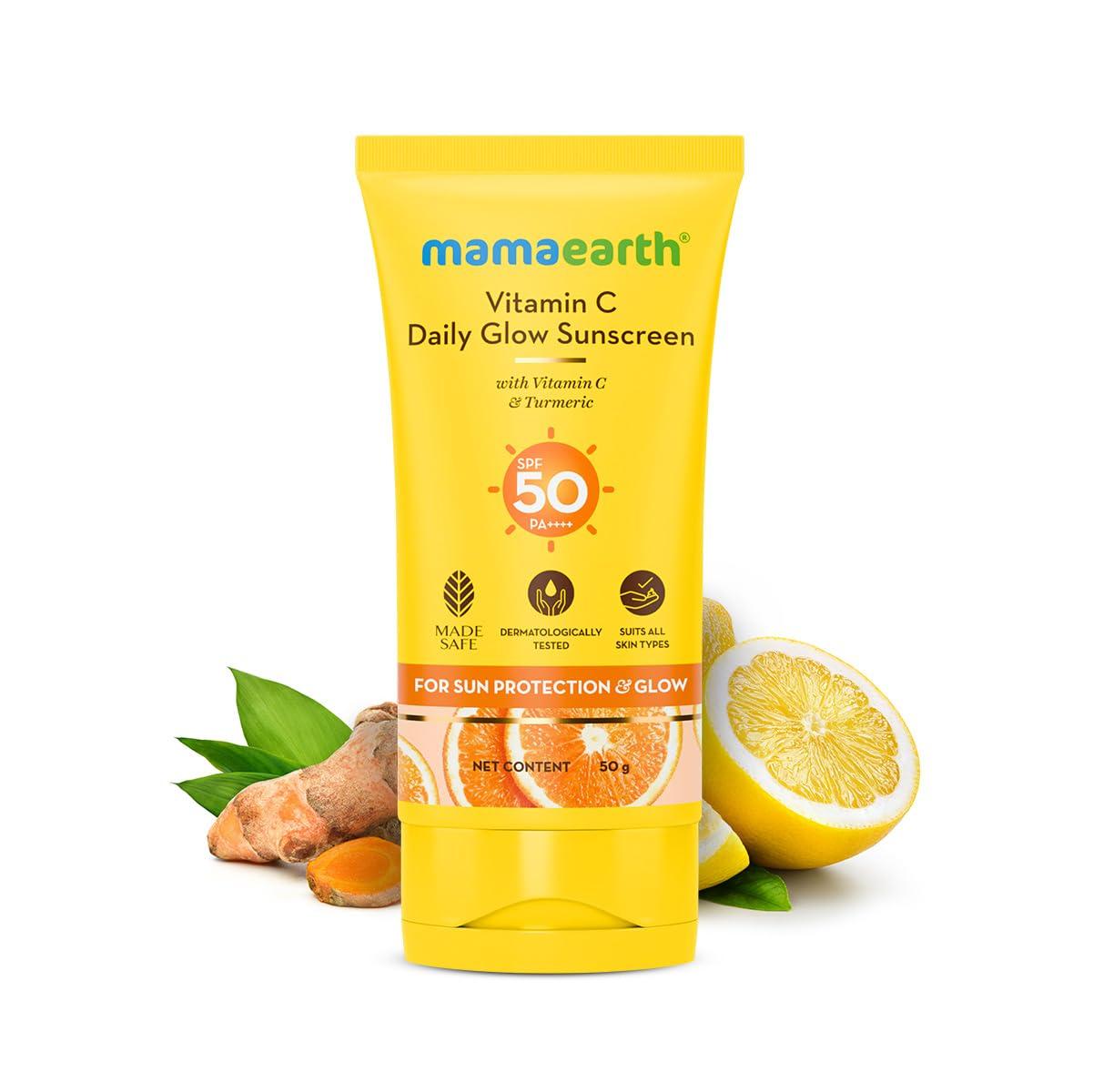 Mamaearth Солнцезащитный крем с витамином С SPF 50 PA++++ Для сияния и защиты от загара Легкий Нелипкий Осветляющий Солнцезащитный крем для лица 50 г yellow