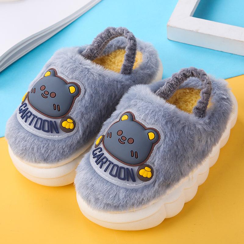 pantuflas Мультяшные детские хлопковые тапочки зимние новые плюшевые домашние тапочки для мальчиков нескользящие хлопковые тапочки для девочек детская обувь zapatos niña 22-23-insole14cm серый Walk in Vogue