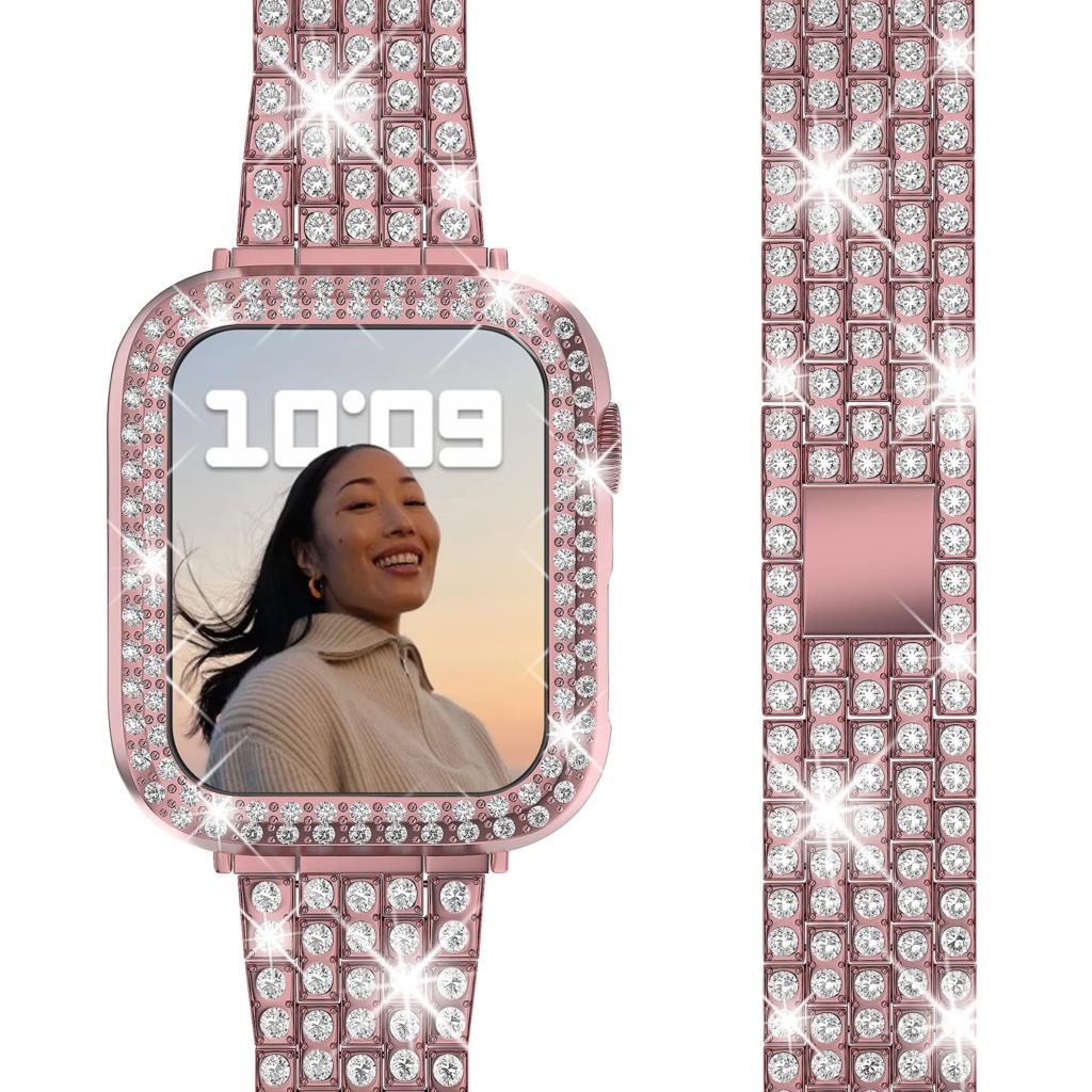Металлический ремешок с бриллиантами + чехол для Apple Watch 45 мм, 44 мм, 42 мм, 41 мм, 40 мм, 38 мм, женский браслет-браслет для iwatch 8, 7, 6, 5, 4, 3 SE, браслет 38mm розовый WHOP-A1