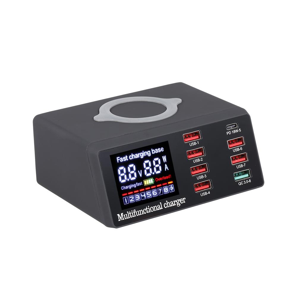 X9 8-портовое беспроводное зарядное устройство USB для быстрой зарядки PD + QC3.0 + зарядная станция с USB-портом и светодиодным дисплеем для телефона/ноутбука/планшета с вилкой европейского стандарта EU Plug чёрный CoCo Global Purchase