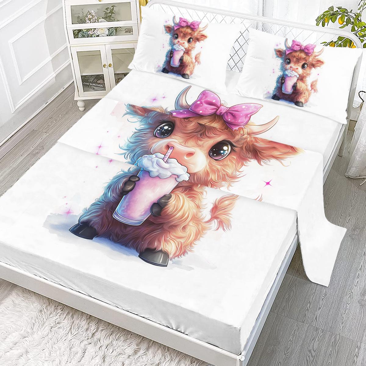 Milk Little Tea 4-Piece Bed Sheet Set, Including 1 Flat Bed Sheet, 1 Extra-Large Bed Sheet, 2 Pillowcases Stupid Cute, Girl 99cmx199cm beige BosphorusBoutique