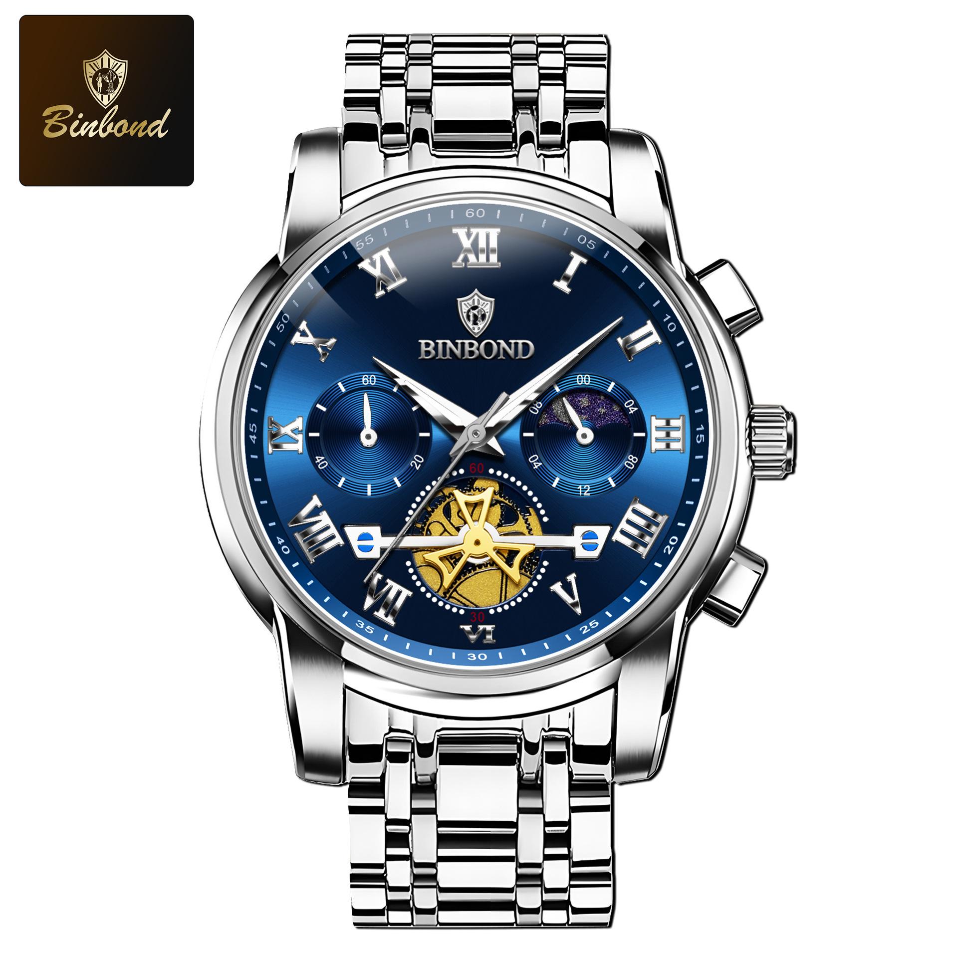 BINBOND Мужские часы New Roman Scale Multifunction Chronograph Luxury Wristwatch for Man Original Quartz Watch серебряный/синий