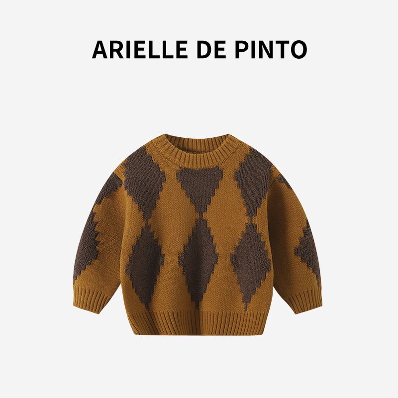 French Arielle De Pinto Kidsren s Sweater, Winter Fashionable and Stylish Boys  Diamond-Shaped Round-Neck Knitted Top Yellow 90 brown TAOMall
