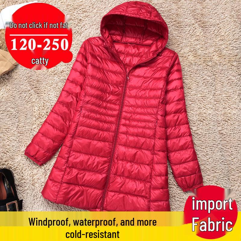 Женский пуховик большого размера с капюшоном, легкий, приталенный, средней длины, распродажа, подходит до 200 фунтов L красный FashionFlair