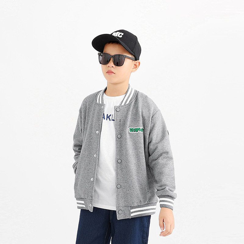 Autumn Korean Style Children s Clothing, Children s Stand-Up Collar Baseball Jacket, Embroidered Letter Top for Older Children, Boys  Fleece Jacket Flower Gray 120 gray TAOMall
