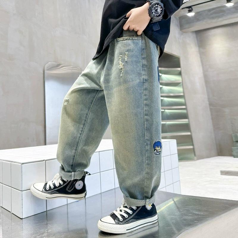 Повседневные джинсы для мальчиков с мультяшной вышивкой, весна и осень 170 синий Mysterious Gift