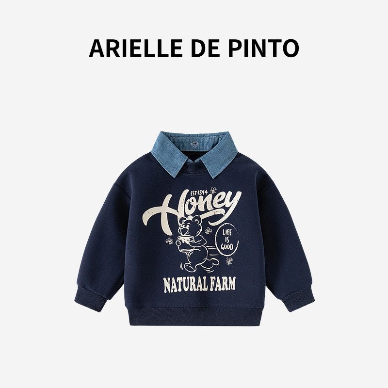 Новый осенний комплект для мальчика от французского бренда Arielle De Pinto: Рубашка-поло и толстовка со съемным воротником, имитация комплекта из двух предметов Navy Honey Bear 90 black TAOMall