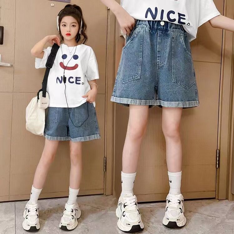 Джинсы для девочек, свободный стиль в западном стиле, детская корейская версия, большие детские летние шорты, гофрированные брюки с большими карманами 110 синий DSorothy