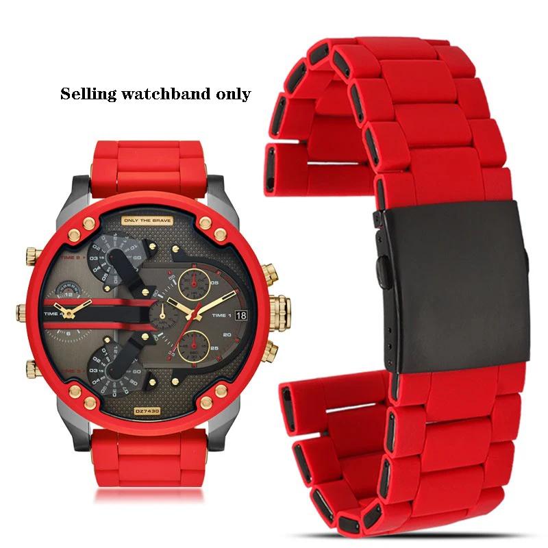Силиконовый ремешок из нержавеющей стали для часов Diesel Watch Strap DZ7396 DZ7370 DZ4289 DZ7070 DZ7395 Мужской резиновый водонепроницаемый браслет 28 мм 28mm red wekeep