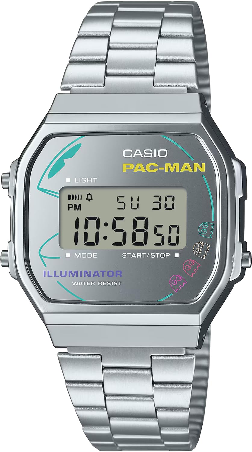 Цифровые наручные часы Casio, модель A168WEPC-7A, созданная в сотрудничестве с PAC-MAN, серебристые, для мужчин, женщин и детей [параллельный импорт] gray