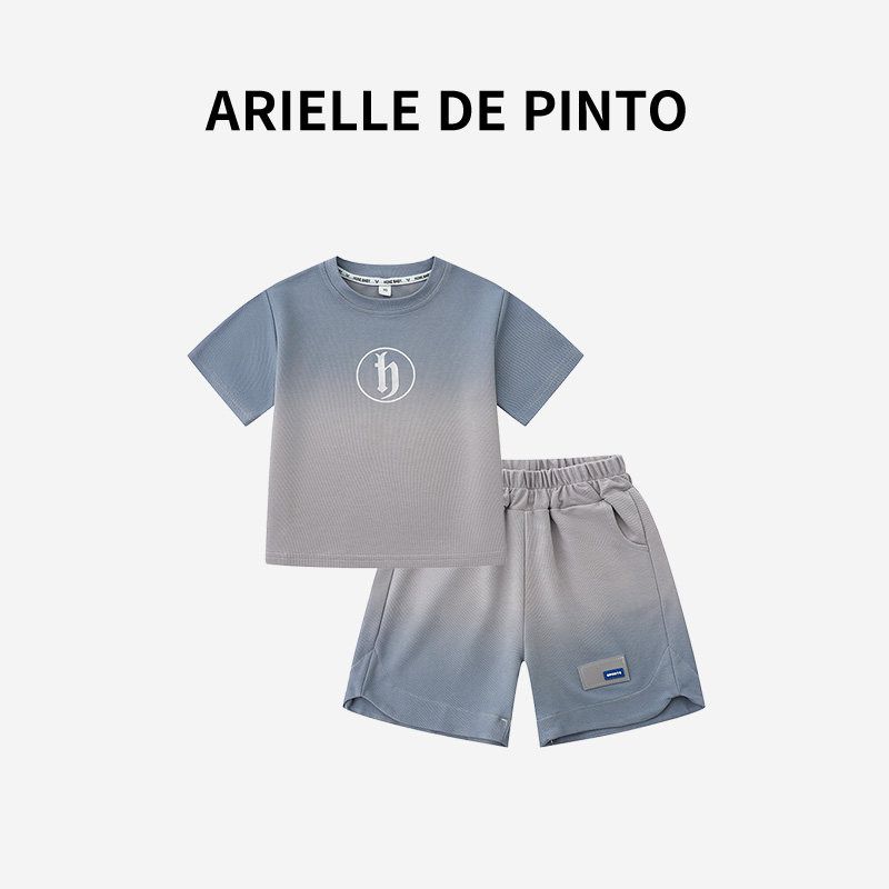 French Arielle De Pinto Boys  Suit Summer Boys  Clothing Gradient Short-Sleeved Shorts Casual Suit Blue 130 gray TAOMall