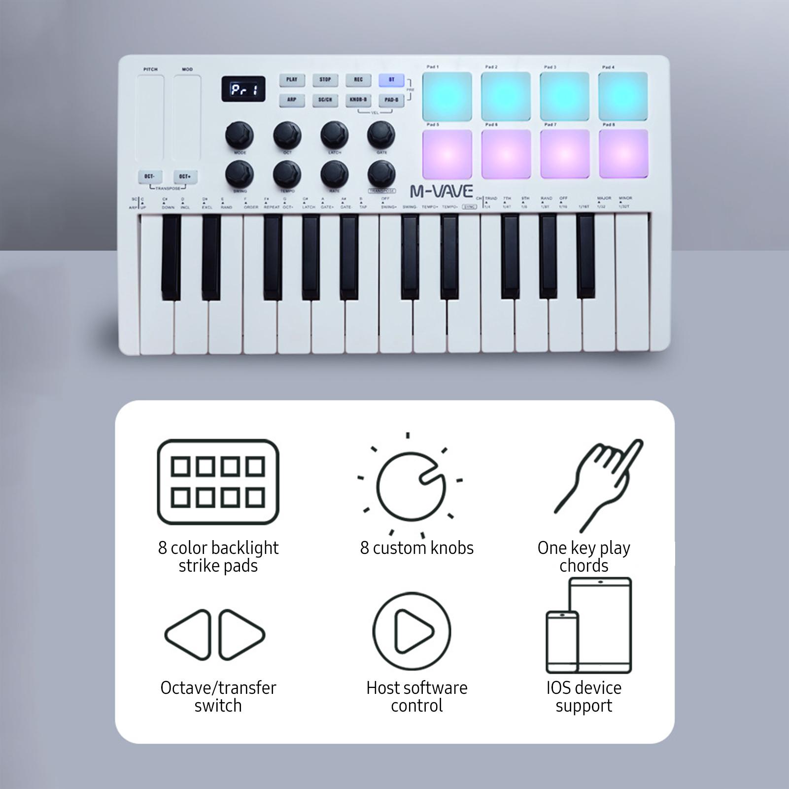 25-клавишная MIDI-клавиатура Мини-портативная USB-клавиатура MIDI-контроллер с 25 клавишами, чувствительными к силе нажатия, 8 RGB-подсвечиваемыми пэдами белый Ora Home