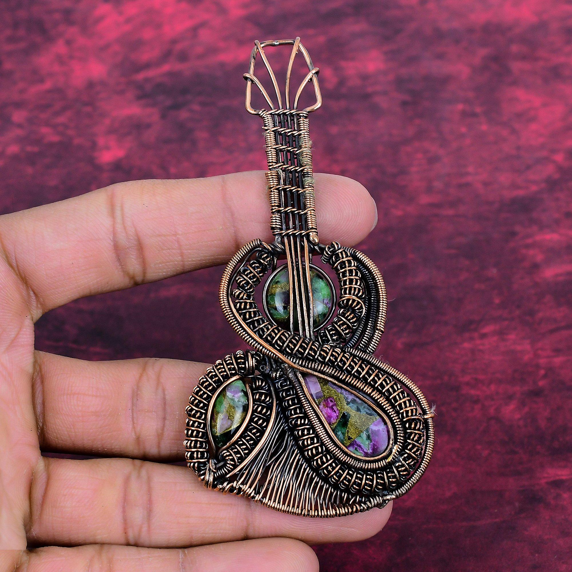 Copper Ruby Zoisite Gemstone Pendant Copper Wire Wrapped Jewelry Guitar Pendant black