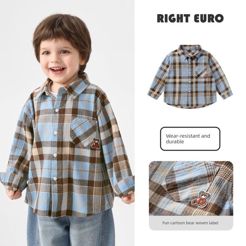 Right European Style Boys  Bear Print Blue and Brown Plaid Shirt 2026 New Spring Baby Long-Sleeve Stylish Cardigan Children s Top Blue grid 90 gray TAOMall