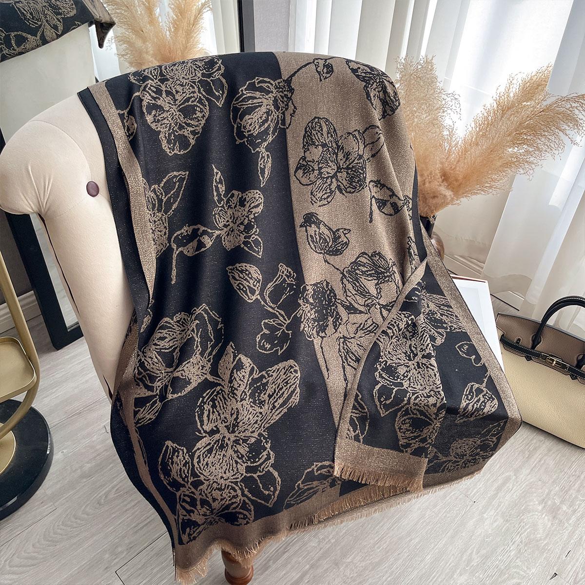 New Spring and Autumn Women Elegance Flowers Shawl Brand Designer Lady Golden Thread long Scarf Muslim Wrap Headscarf Pashmina чёрный Silk City Scarf