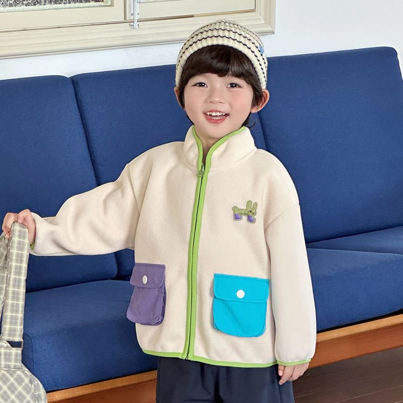 Boys  Fleece Stand-Up Collar Jacket Spring and Autumn Children s Clothing Kids  Autumn Zipper Top Baby Warm Fleece Clothes Beige 140 beige TAOMall