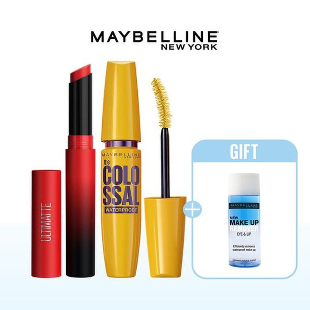 MAYBELLINE NEW YORK Ультраматовая помада + Тушь Colossal + Средство для снятия макияжа 299 Chili Red / Mascara: Real Brown yellow