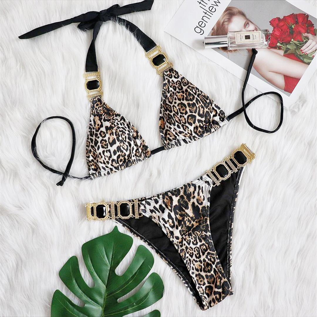 S-XL Bling Diamond Leopard Бикини Женский купальник Женский купальник из двух частей Комплект бикини с лямкой на шее Купальник Купальный костюм Плавание S леопардовый RoxyLicia