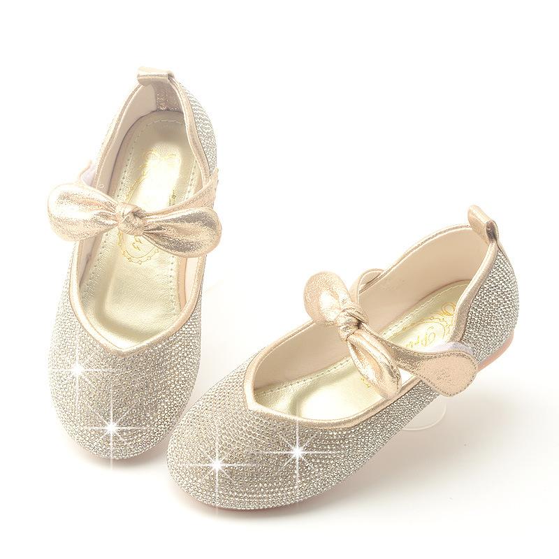 Туфли принцессы из кожи в корейском стиле, туфли на плоской подошве на липучке с пайетками 25 золотой Warrior Kids Shose
