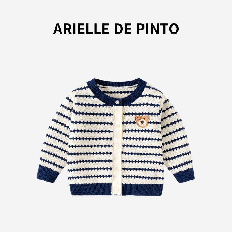 French Brand Arielle De Pinto s New Autumn Collection: Boys  Striped Bear Cardigan, Stylish Korean-Style Knitwear Royal Blue-Bd920 110 white TAOMall