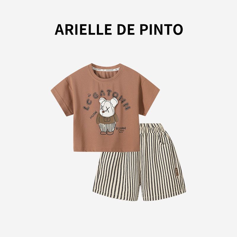 French Arielle De Pinto Boys  Two-Piece Summer Set with Three-Dimensional Cartoon Bear Short-Sleeved Shorts Set Brown 110 brown TAOMall