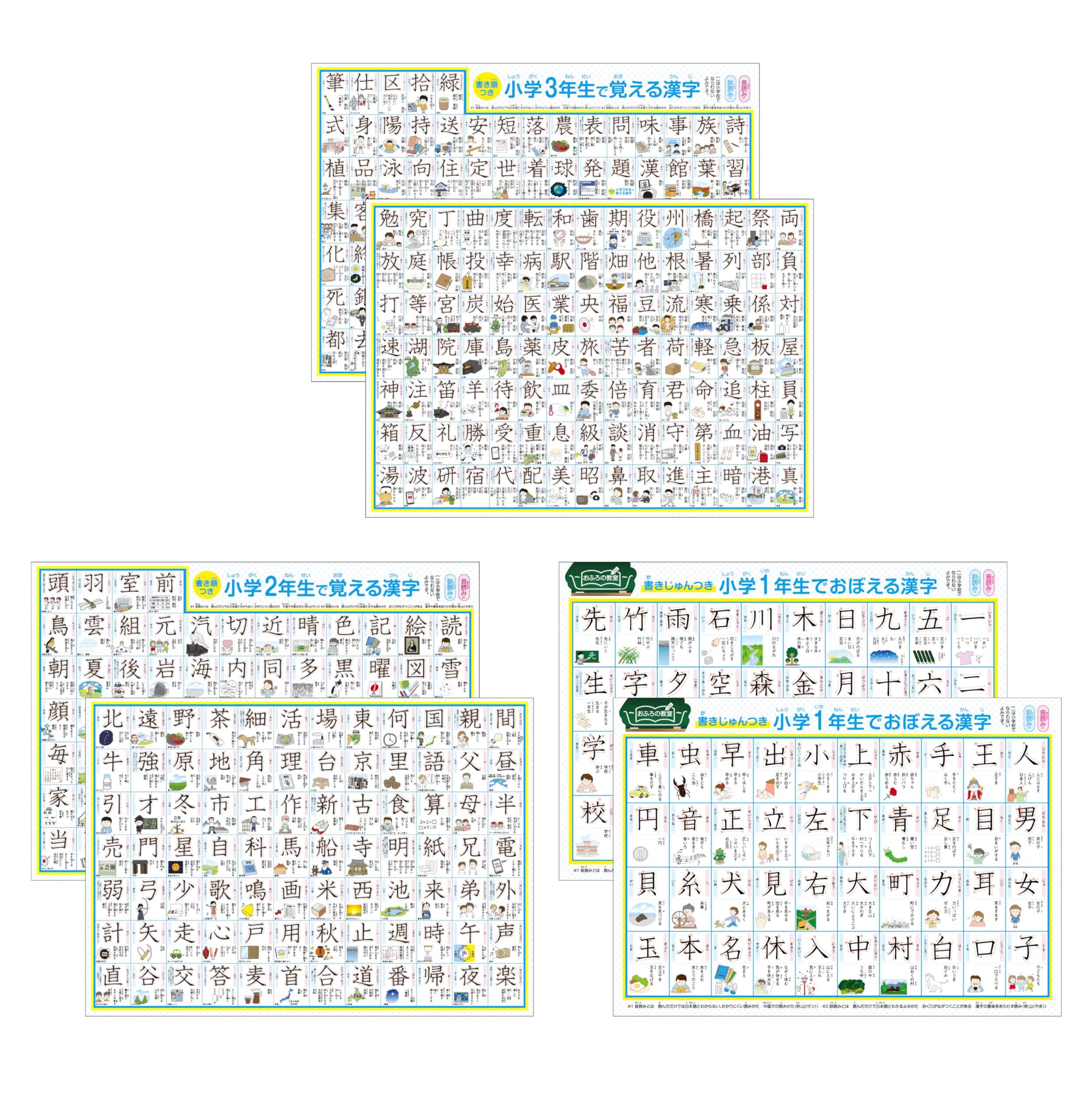 Таблица иероглифов Dokodemo Gakushukan Kanji для учеников 1-го, 2-го и 3-го классов начальной школы Плакат для ванной для 1-го, 2-го и 3-го классов Бумага Yupo формата А3 (сложенный white hayatospeed