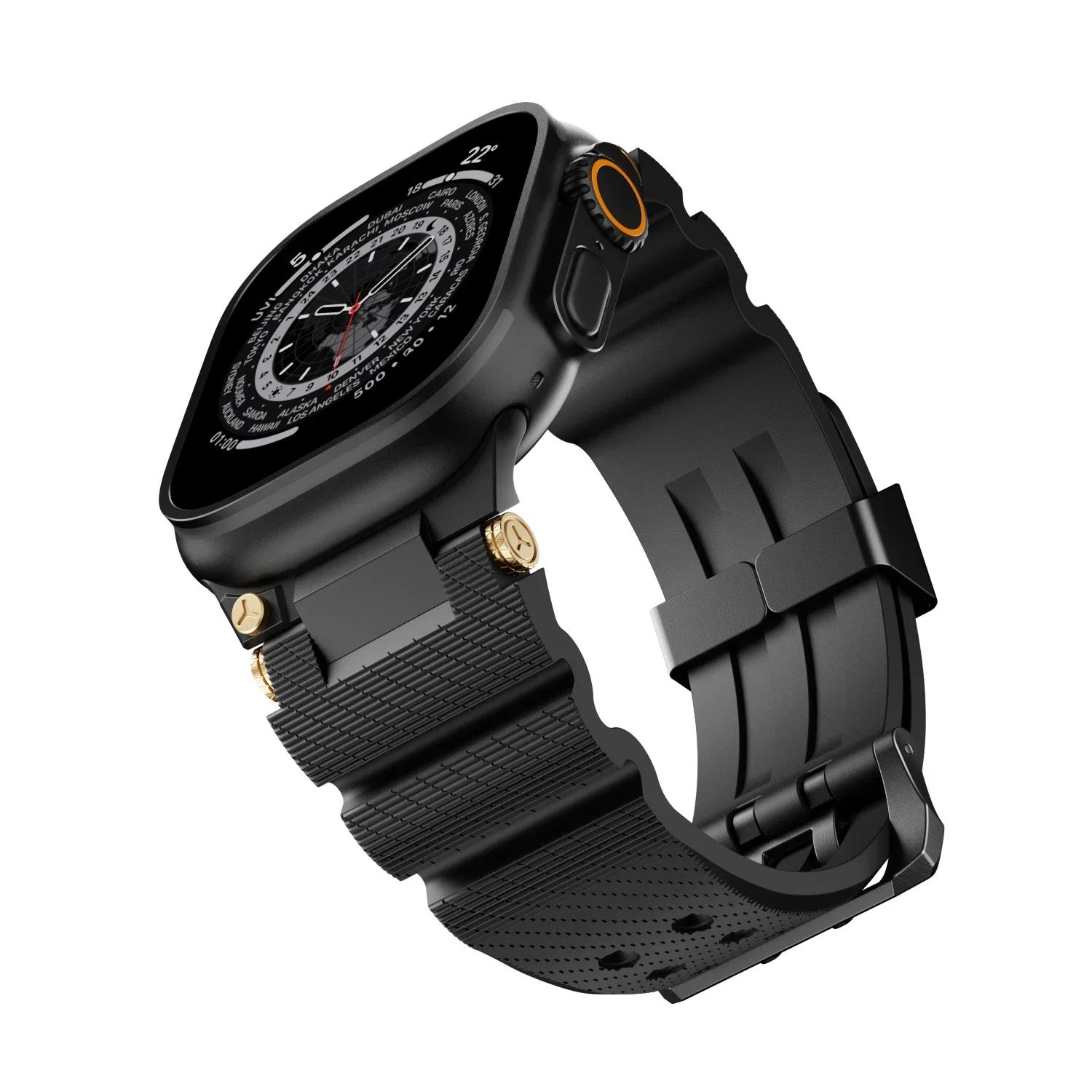 Резиновый ремешок класса люкс для Apple Watch Series 10 46 мм браслет для iWatch Ultra 2 49 мм 9 8 7 45 мм 6 5 4 se 44 мм 42 мм мужской ремешок 42mm(Unsuitable Series10) чёрный XIAOLU Watch Accessories