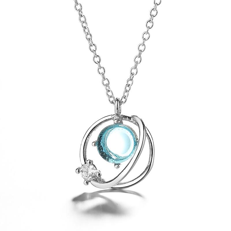 Planet Necklace Female, Japanese Student Small Fresh Temperament Aurora Starry Sky Blue Glazed Fantasy Universe Collarbone Chain white Commodity Jewel