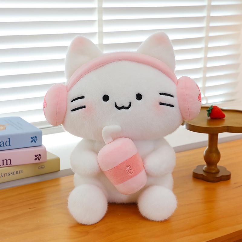 Новые наушники для молочного чая, плюшевая игрушка-кукла в виде кошки, оптовая продажа, мультяшная милая кукла-кошка, подарок на день рождения для девочек 35cm 0.44kg розовый Bai Fen Bai dolls and toys
