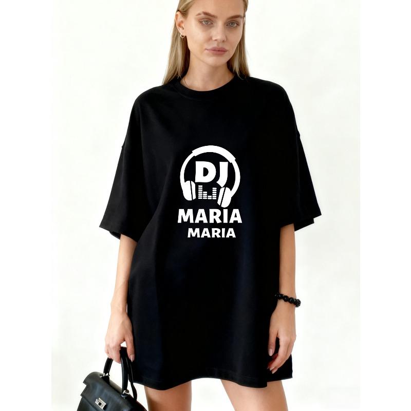 Oversized T-Shirt Black DJ Headphones And Maria Text Print Casual Streetwear For Women S чёрный Muxinzi