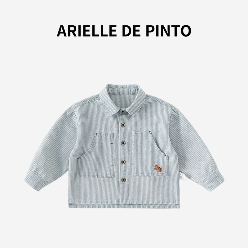 French Arielle De Pinto Autumn New Boys  Shirt with Turn-Down Collar and Pocket, Light Blue Striped Jacket Light Blue 130 white TAOMall