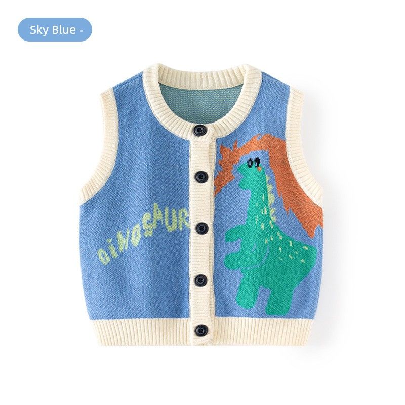 Spring and Autumn Children s Dinosaur Knit Sweater High-Density Vest Pullover Sweater Boys and Girls Vest Cardigan Baby Sleeveless Jacket Sky Blue 80 gray TAOMall