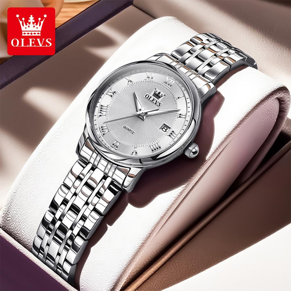 OLEVS Ultra Thin Quartz Watches for Woman Original Solid Steel Strap Auto Date Waterproof Fashion Elegant Ladies Wristwatch белый