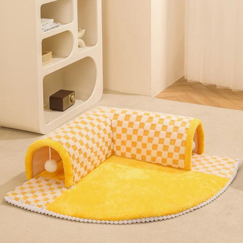 Кошачья кровать Can Play Cat Tunnel Dog House Bed Kitten Dog Basket Bed Cute Cat House Home Mat Pet Cannel Products Cama Para Gatos 60x60cm жёлтый Pet Products My