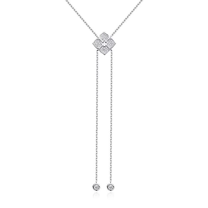 Smyoue Full Moissanite Necklaces Sparkling Flowers Long Chain Wedding Girls Gift Lab Diamond Pendant 925  Silver Jewelry white NKEN-1