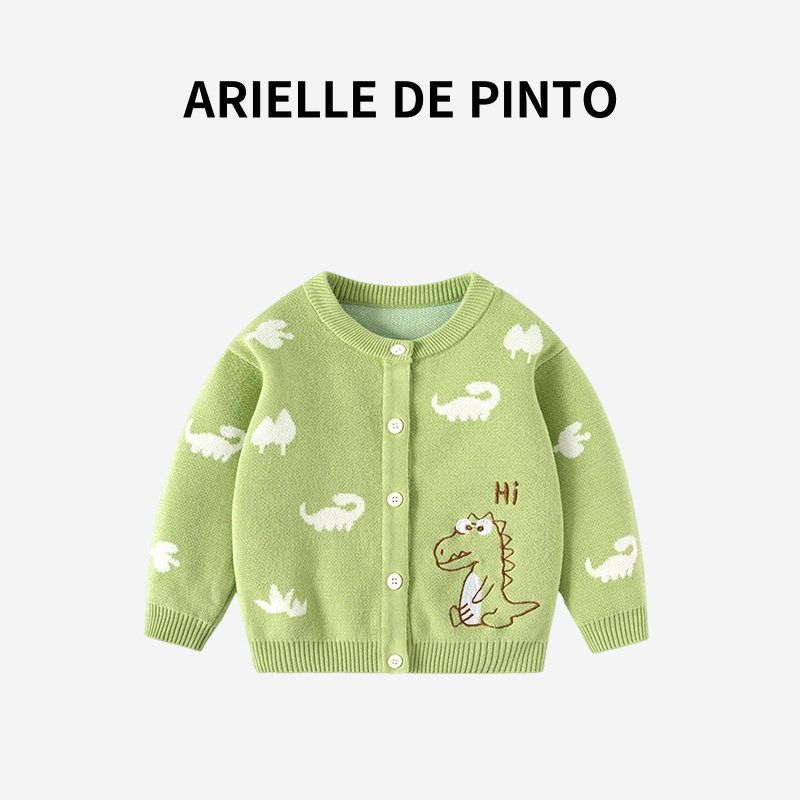 Новая осенняя коллекция французского бренда Arielle De Pinto: Стильный вязаный кардиган с динозаврами для мальчиков Avocado Green 100 beige TAOMall