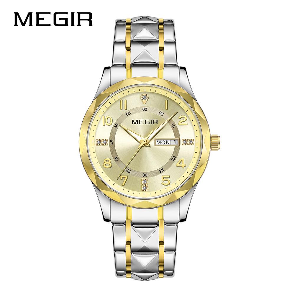 MEGIR Men Quartz Watch with Stainless Steel Band Fashion Simple Style Wristwatch with Day Date Calendar Display золотой