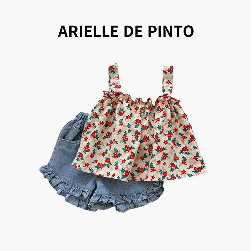 Летний наряд для девочки Arielle De Pinto, Милый комплект из двух предметов с подтяжками и шортами для малышек Top + Shorts 80 beige TAOMall