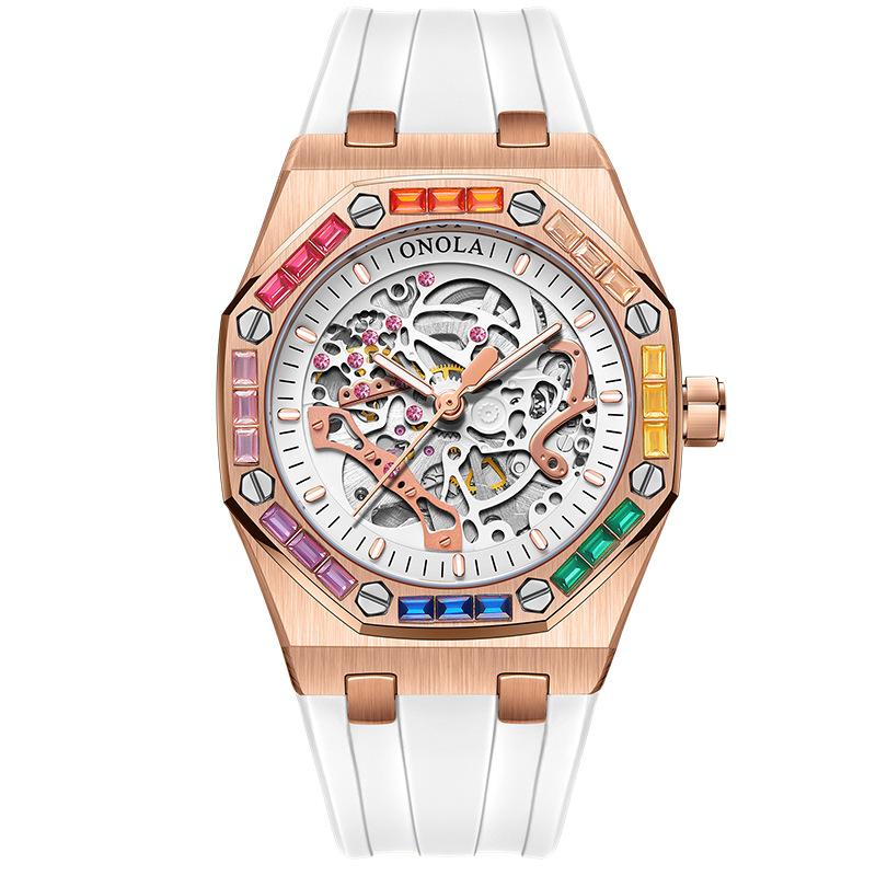 Ashion Rainbow Bezel Мужские механические наручные часы Роскошные сапфировые стекла Выдалбливают Дизайн Светящиеся автоматические часы для мужчин ярко-розовый/белый ONOLA