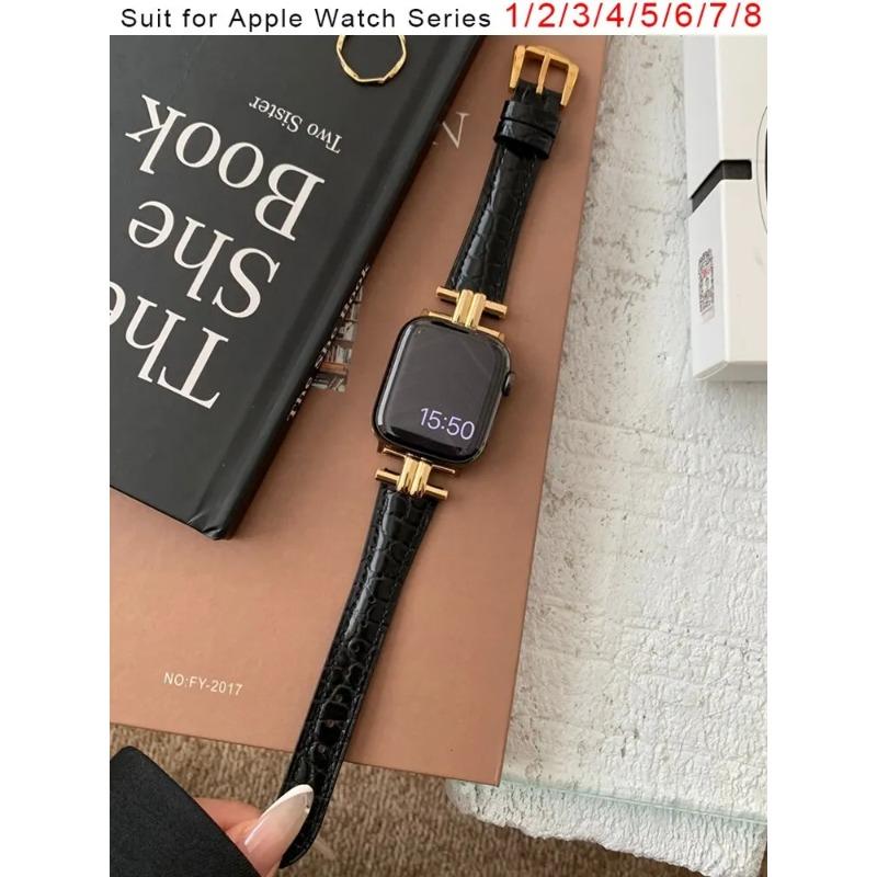 Роскошный золотой металлический ремешок из натуральной кожи для IWatch Series 8 7 6 5 4 3 SE женский тонкий ремешок для Apple Watch 41 мм 40 мм 38 мм 45 42 44 49 38mm 40mm 41mm black Lanspo