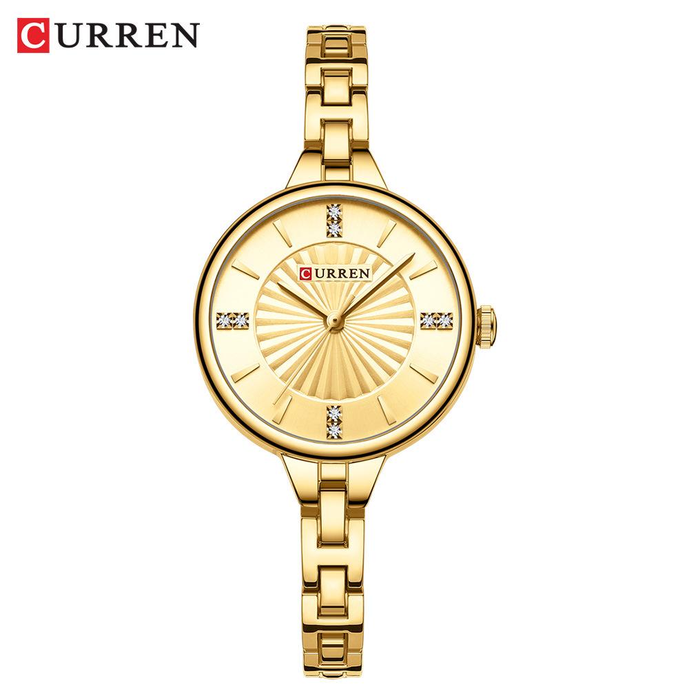 CURREN Новые женские роскошные часы, модные женские кварцевые наручные часы, лучший бренд, циферблат со стразами, водонепроницаемые часы Reloj Mujer золотой