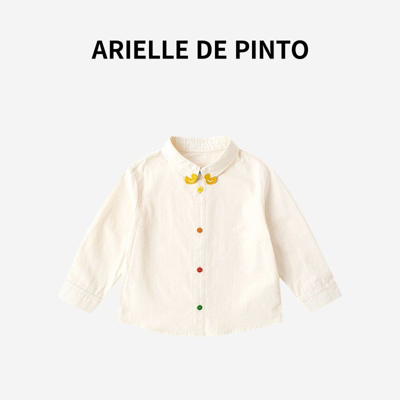 French Arielle De Pinto New Style Boys  and Girls  Shirts, Kidsren s Pure Cotton Spring & Fall Long-Sleeved Shirts, Pure Color Cream White 100 white TAOMall