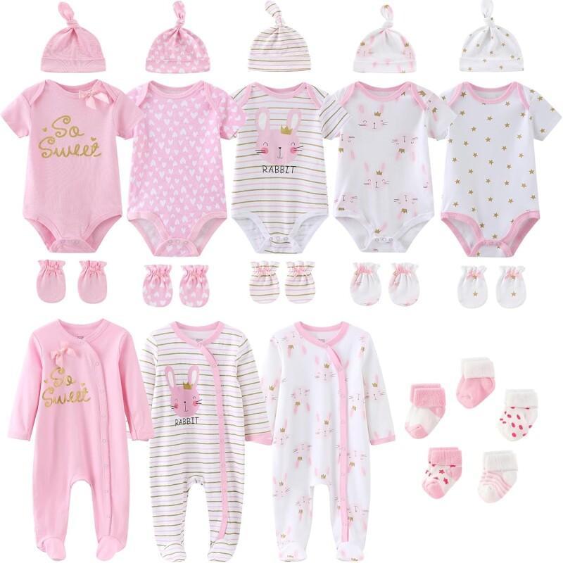 Kiddiezoom 23PCS комплект одежды для новорожденных комбинезон с короткими рукавами + шапочка + перчатки + носки подарочный набор для мальчиков и девочек в полнолуние 0-3Months white