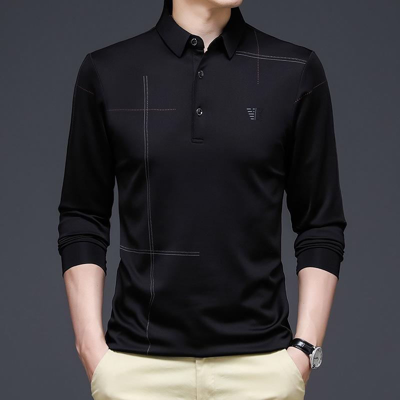 Men s Casual Striped Long Sleeve Polo Shirt with Pocket - Polyester Blend Lapel Collar, Slight Stretch Fabric, Knit, Regular Fit, Spring/Fall M чёрный WTEMPO